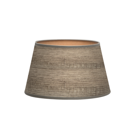 Pantalla Salma E27 Madera Gris, vista frontal, diseño cónico abierto, Fabrilamp.