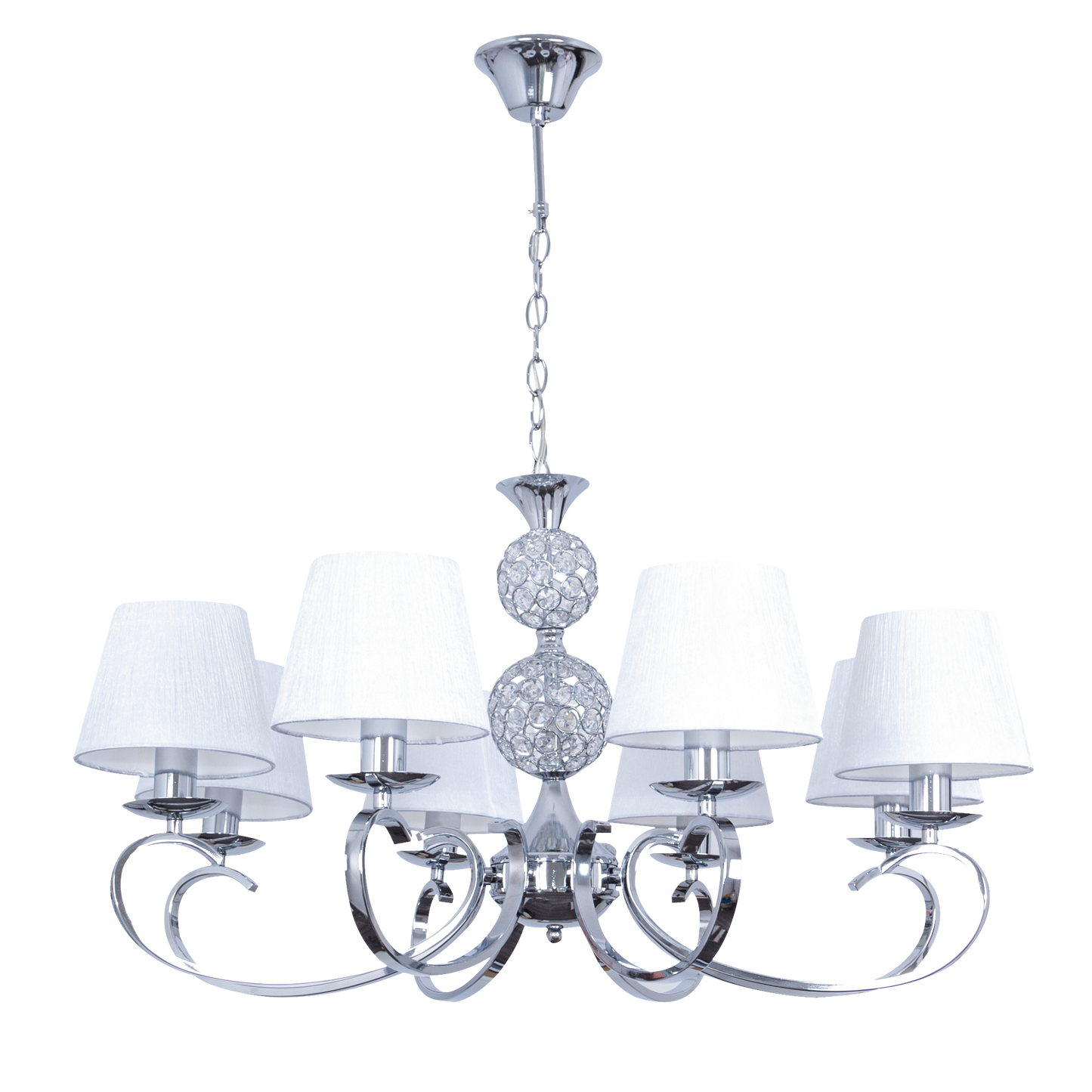Lámpara Ordoñez fabricada en metal y cristal color cromo con textil blanco