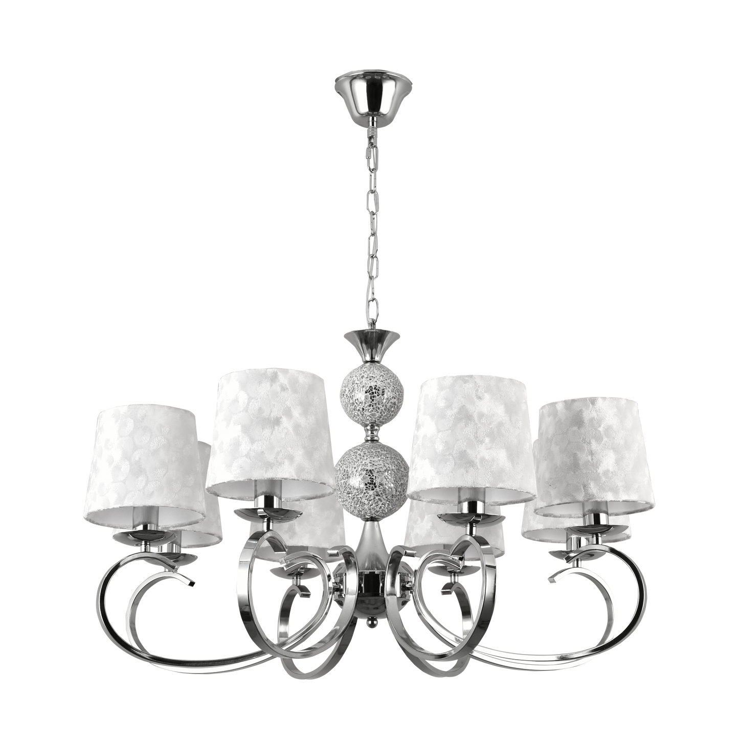 Lámpara Ubeda fabricada en metal y cristal color cromo con pantalla textil blanca