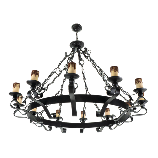 Lámpara Rústica Medieval Negra de 12 luces, vista general. Fabrilamp en luzguru.com