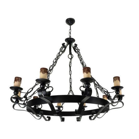 Lámpara Rústica Medieval Negra de 10 luces E27, Fabrilamp, vista frontal.