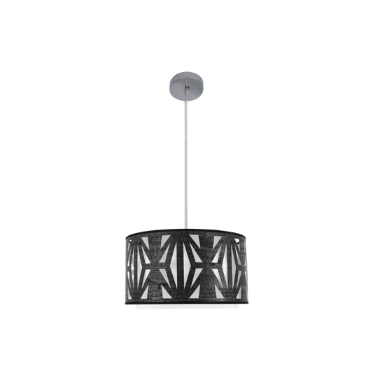 Colgante Katerina fabricado en Metal color Cromo y pantalla Textil Madera Negra, ideal para salón