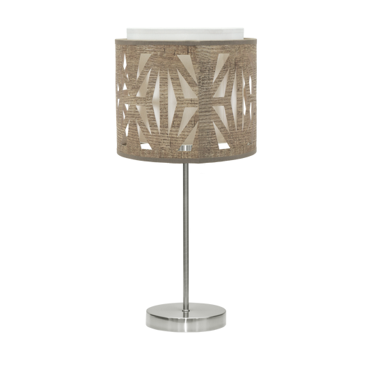 Sobremesa Katerina fabricada en metal color níquel y textil madera gris, ideal para dormitorio.