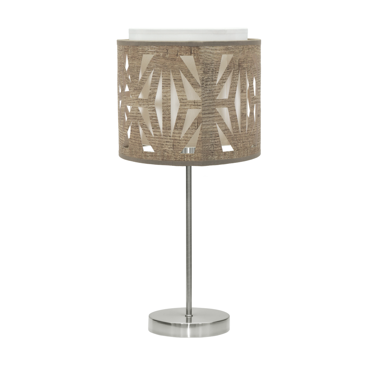 Sobremesa Katerina fabricada en metal color níquel y textil madera gris, ideal para dormitorio.