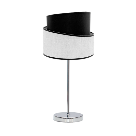 Lámpara Hara fabricada en metal cromado y textil blanco y negro
