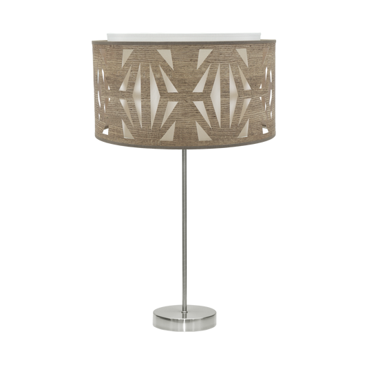 Sobremesa Katerina fabricada en metal color níquel y pantalla textil madera gris, ideal para dormitorio