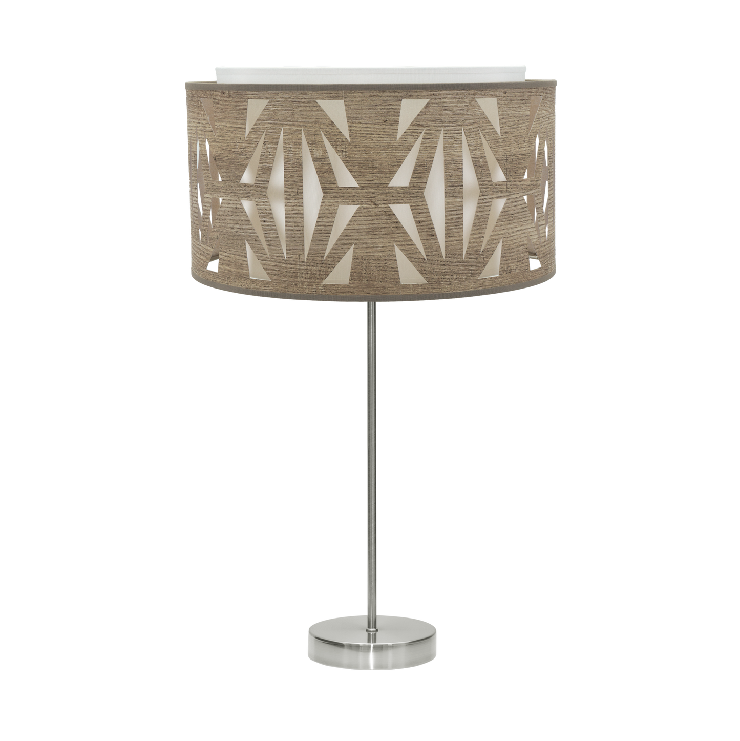 Sobremesa Katerina fabricada en metal color níquel y pantalla textil madera gris, ideal para dormitorio