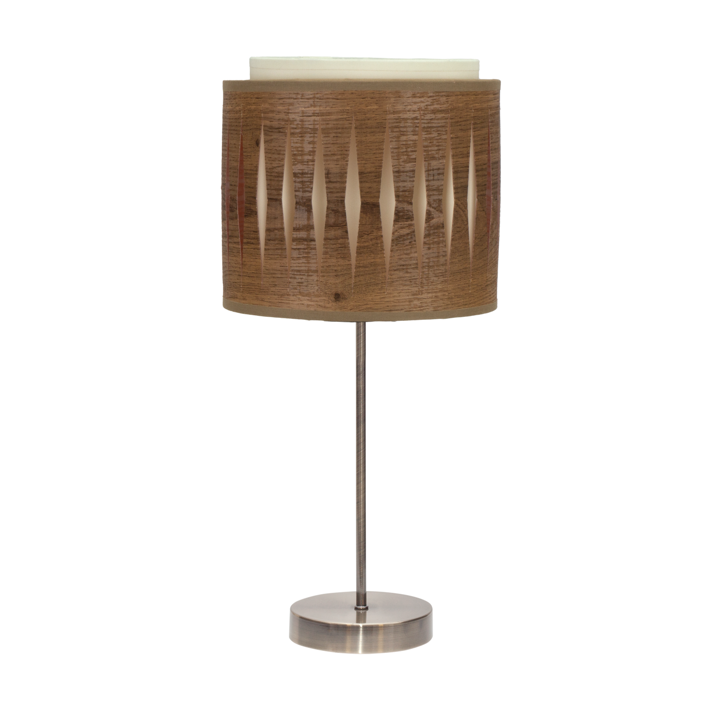 Sobremesa Alexandra fabricada en metal color cuero y pantalla textil color madera oscura, ideal para interior