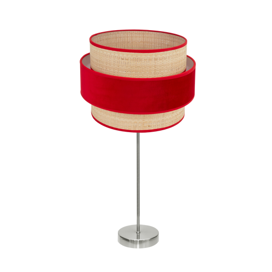 Lámpara REYES fabricada en metal color níquel y textil natural rojo