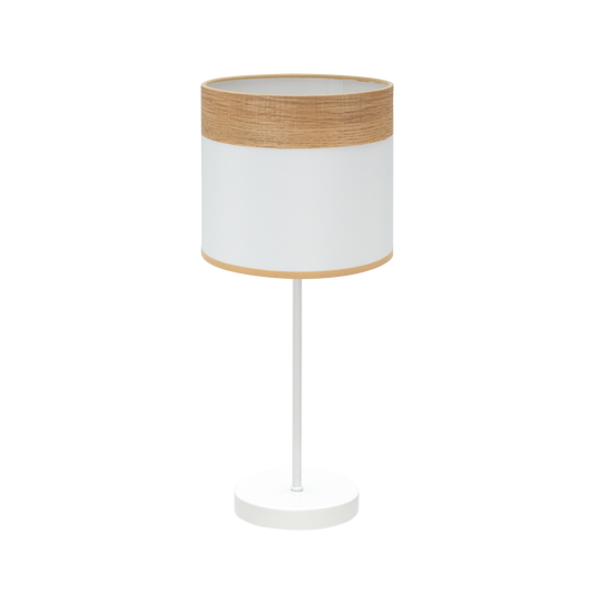 Lámpara Cloe fabricada en metal y textil, color blanco y madera clara