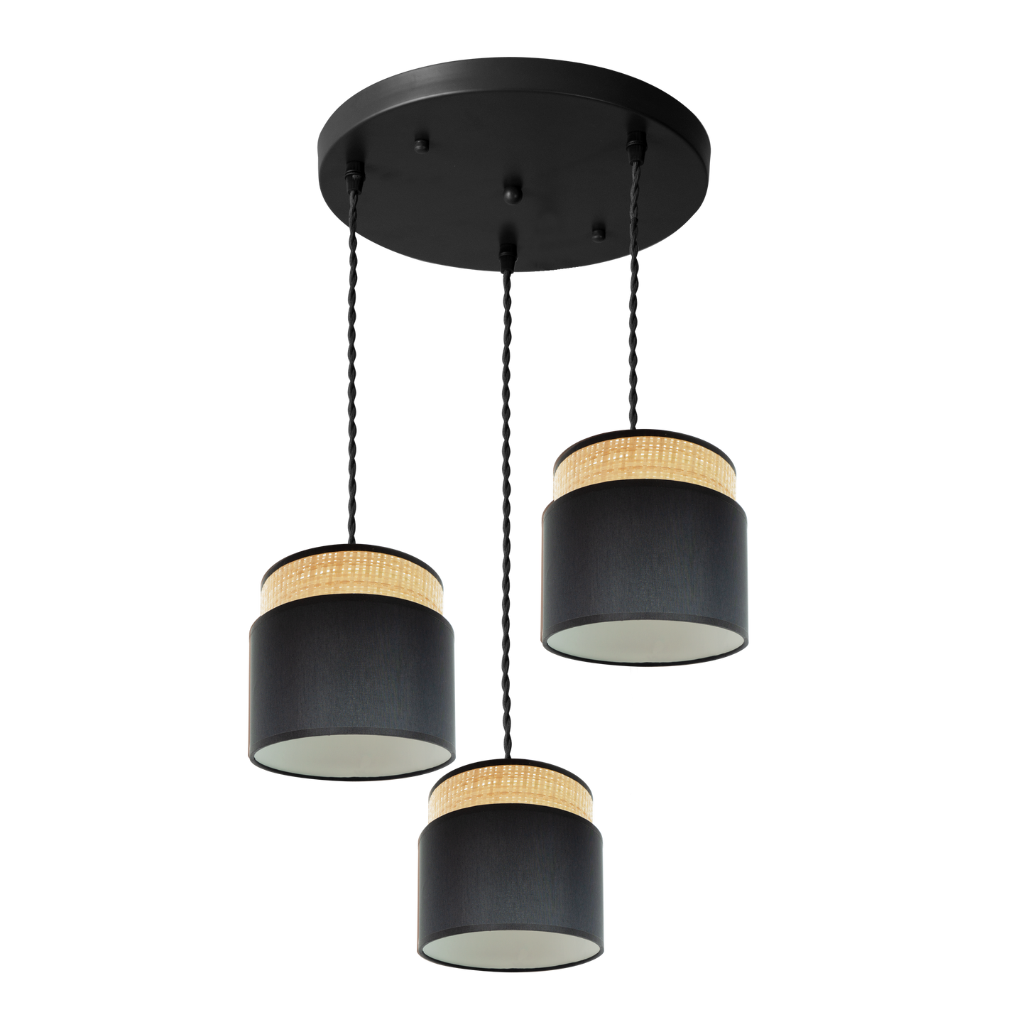 Plafón Kandy fabricado en metal y textil color negro y natural, ideal para iluminar tu hogar