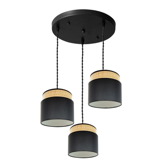 Plafón Kandy fabricado en metal y textil color negro y natural, ideal para iluminar tu hogar
