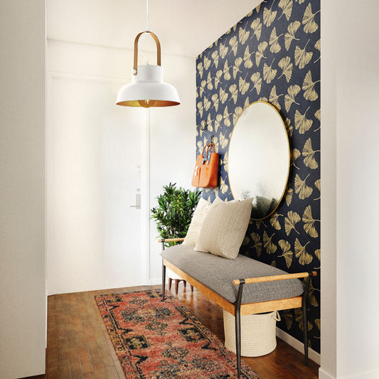 Lámpara Colgante Clásica GUIMAR 23 cm Blanco/Oro Interlusa instalada en ambiente decorativo de salón o dormitorio | Interlusa