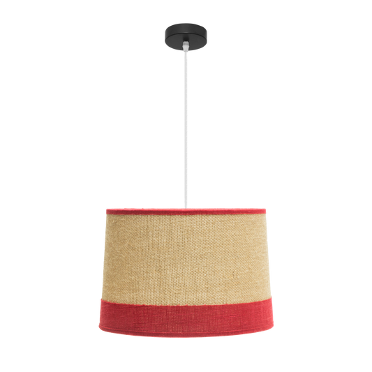 Lámpara colgante fabricada en metal con pantalla de tejido de saco combinada con lino rayado color saco/rojo