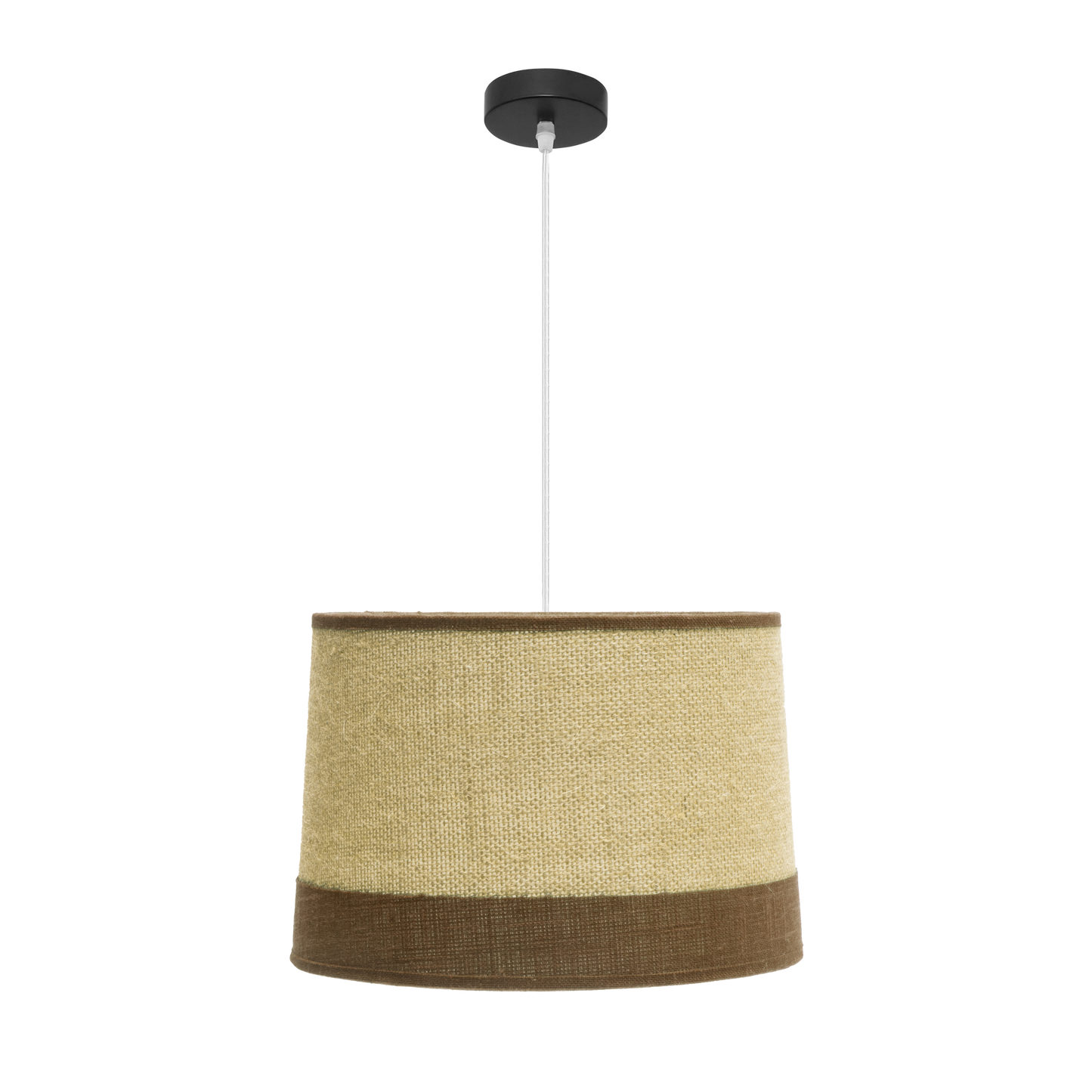 Lámpara colgante fabricada en metal con pantalla de tejido de saco y lino rayado color marrón