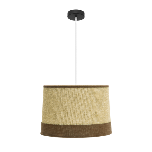 Lámpara colgante fabricada en metal con pantalla de tejido de saco y lino rayado color marrón