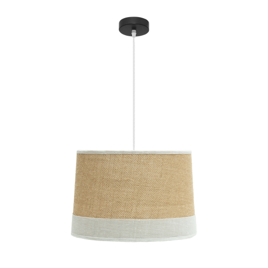 Lámpara colgante Tietar fabricada en metal con pantalla textil de saco y lino rayado