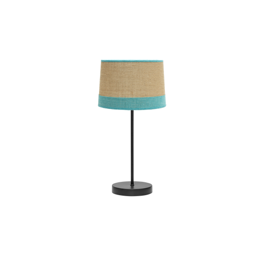 Lámpara sobremesa fabricada en metal negro con pantalla de tejido de saco combinado con lino rayado color turquesa