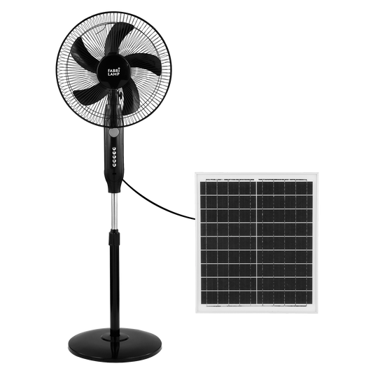 Ventilador de pie solar Boreal negro de Fabrilamp, con 3 velocidades, puerto USB y luz nocturna.