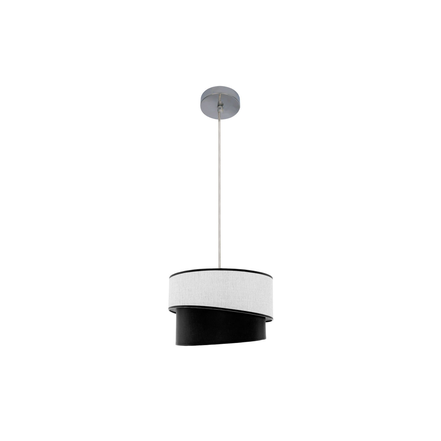 Lámpara colgante Hara fabricada en metal cromado y textil bicolor blanco y negro