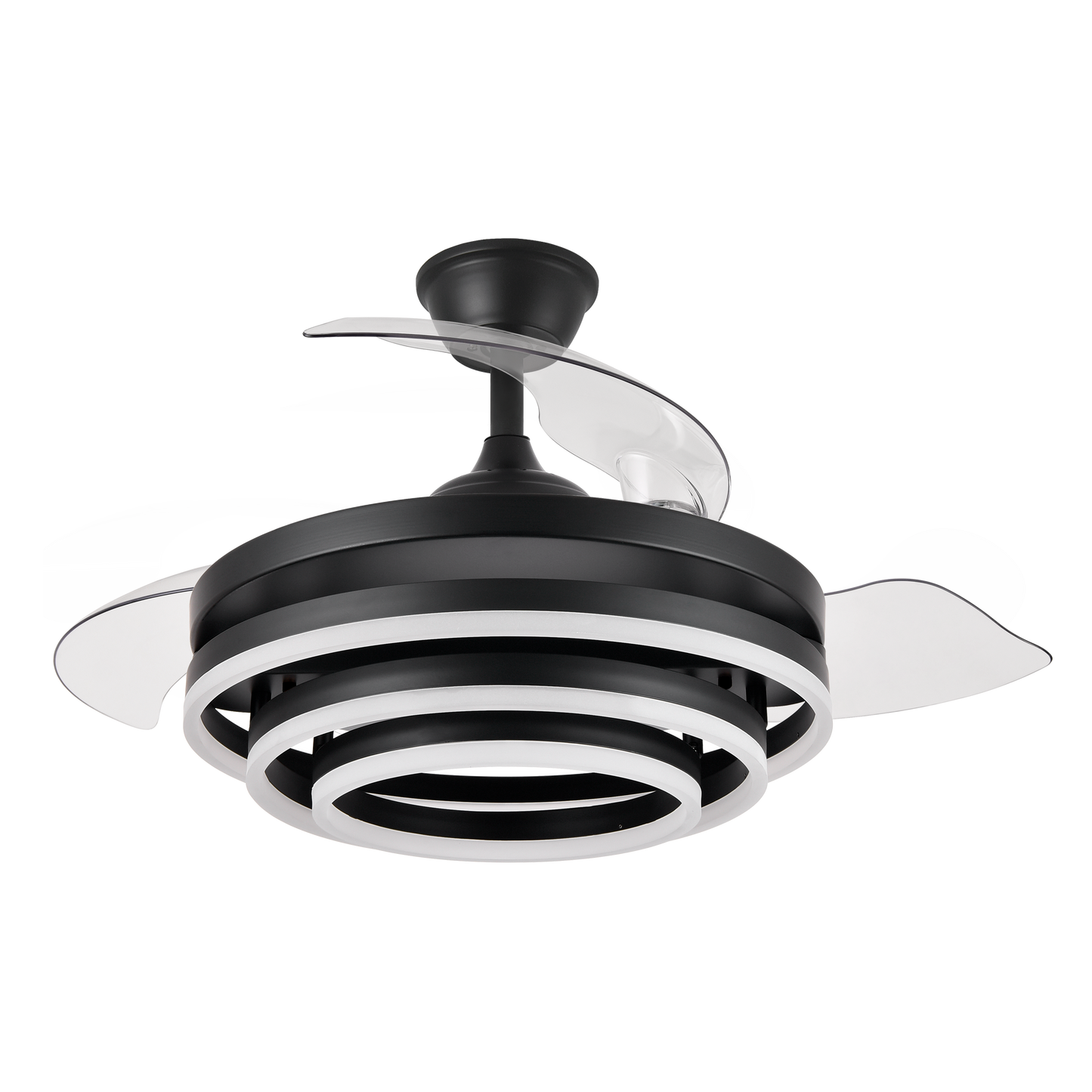 Vista lateral ventilador techo KAI Fabrilamp con control verano invierno y temporizador