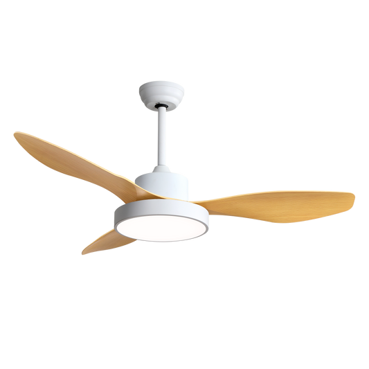 Ventilador de techo Hayate 48W Fabrilamp, blanco y haya, con tres aspas y mando a distancia.