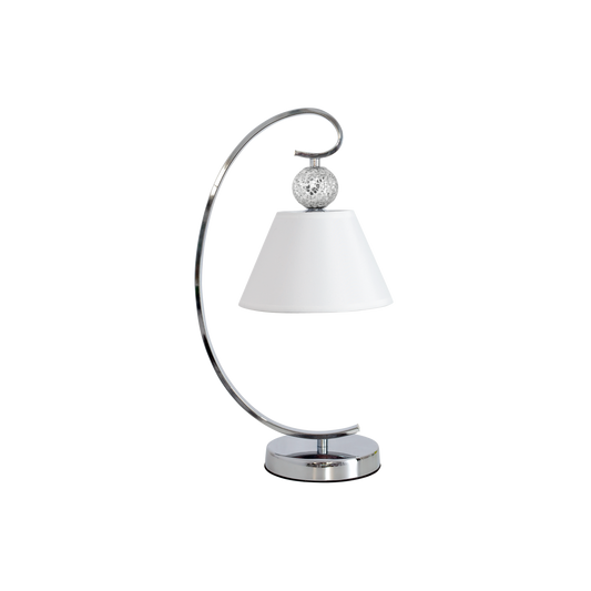 Sobremesa Concordia fabricada en metal color cromo con pantalla textil blanca, ideal para dormitorio