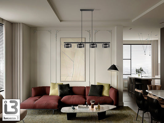 Lámpara Colgante Olaia 4 Luces Negro Mate y Cristal Smoky Schuller en ambiente decorado | Schuller