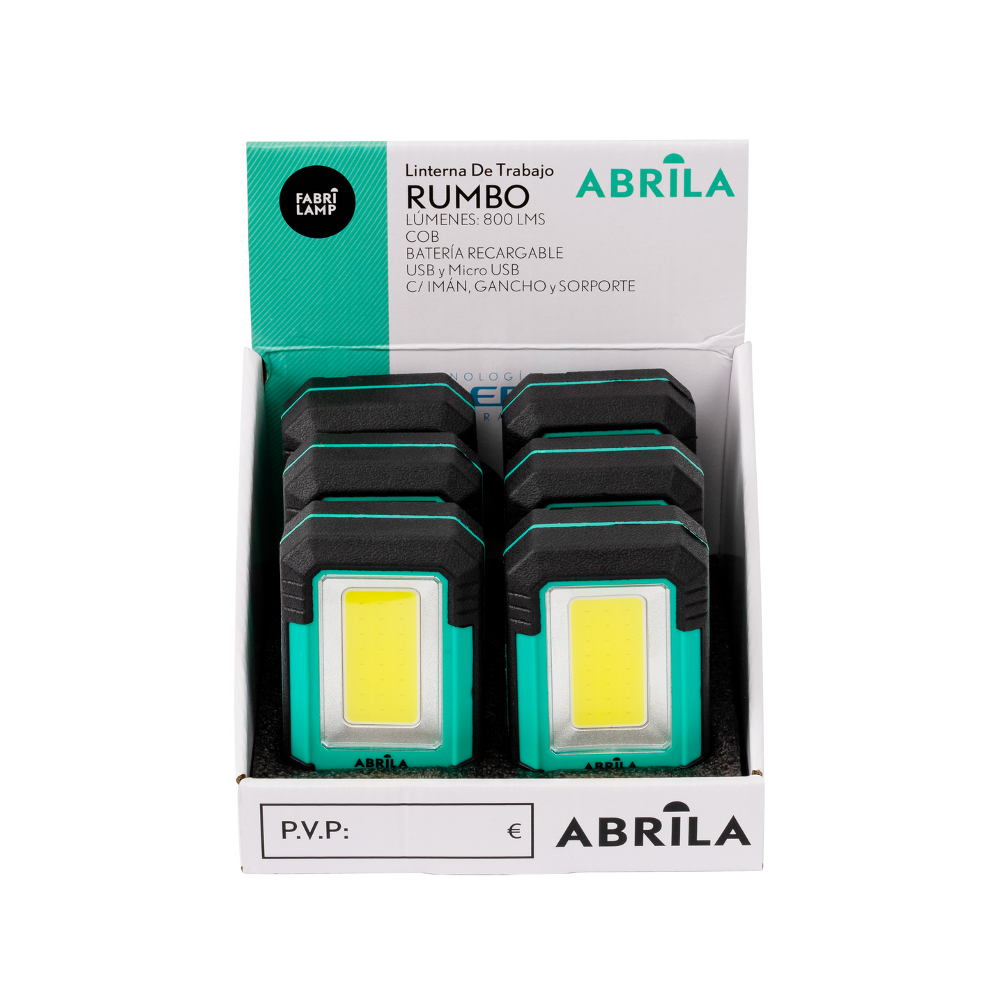 Linterna de trabajo RUMBO en diferentes ángulos, destacando su diseño compacto y ergonómico