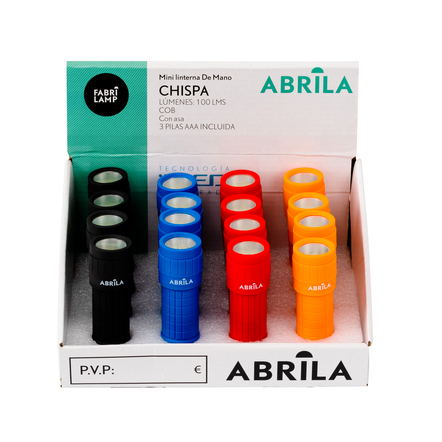 Expositor de 16 unidades de Mini Linternas CHISPA LED COB 100lm Multicolores Fabrilamp