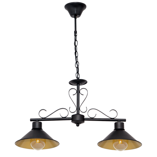 Colgante Azalea 2xE27 Negro/Oro de Fabrilamp/Abrila. Diseño rústico elegante para iluminar salones y comedores.