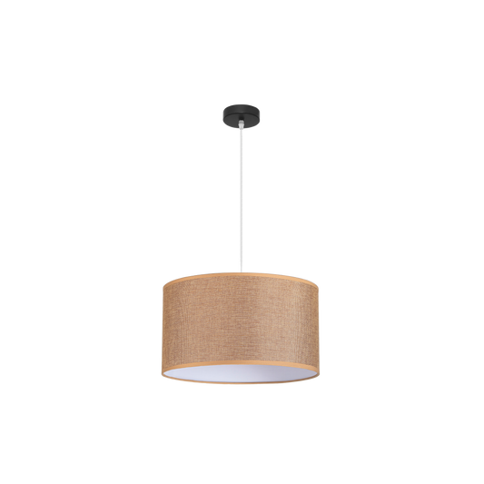 Lámpara colgante Jin fabricada en metal color negro y textil marrón
