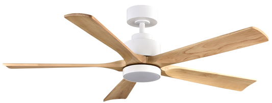 Ventilador de techo Cairo DC 24W de Fabrilamp en blanco/haya, 5 aspas, 132cm de diámetro. luzguru.com