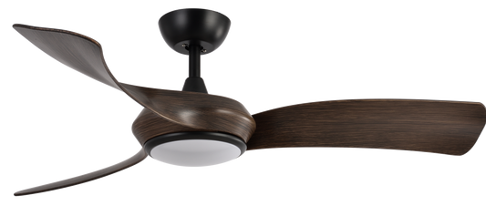 Ventilador de techo Cerdeña 30W negro/roble con 3 aspas, iluminación LED regulable y mando a distancia.