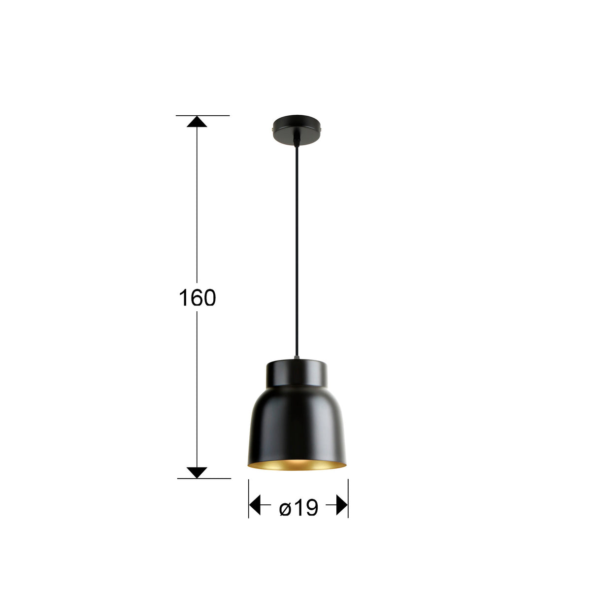 Plano con medidas de Lámpara Colgante Vulcano 1 Luz Negro Mate y Oro Schuller