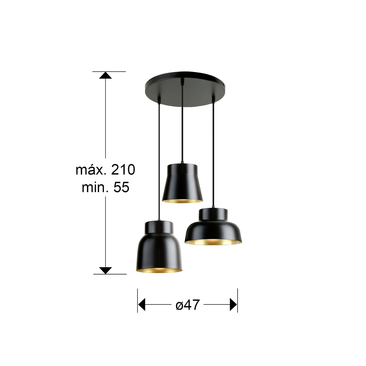 Plano con medidas de Lámpara Colgante Vulcano 3 Luces Negro y Oro Schuller