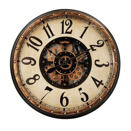 Reloj de Pared Treviso Oro/Negro 83x83x10cm con engranajes visibles, Fabrilamp.