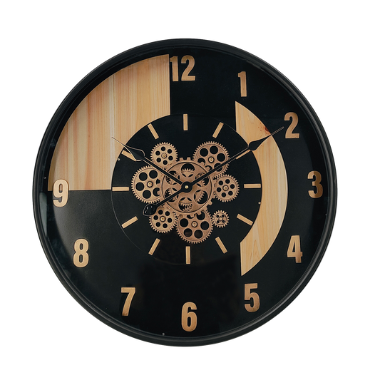 Reloj de pared Parma Negro/Haya/Oro de Fabrilamp, diseño vintage con engranajes visibles.