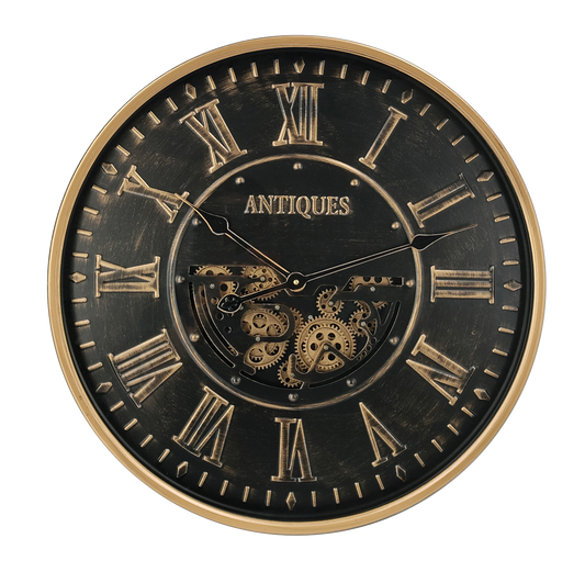 Reloj de pared Trieste Negro/Oro de 60x60x8cm con engranajes visibles, Fabrilamp.
