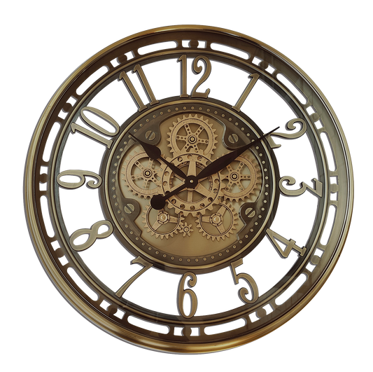 Reloj de Pared Mesina Bronce 70x70x8cm con engranajes a la vista, Fabrilamp.