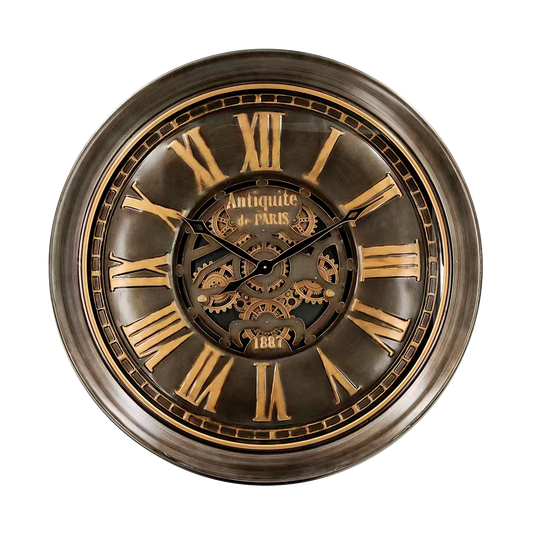 Reloj de pared Genova Oro/Cuero de Fabrilamp, diseño vintage con engranajes visibles.