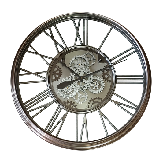 Reloj de pared Turin Níquel 86x86x8,5cm con engranajes en movimiento de Fabrilamp