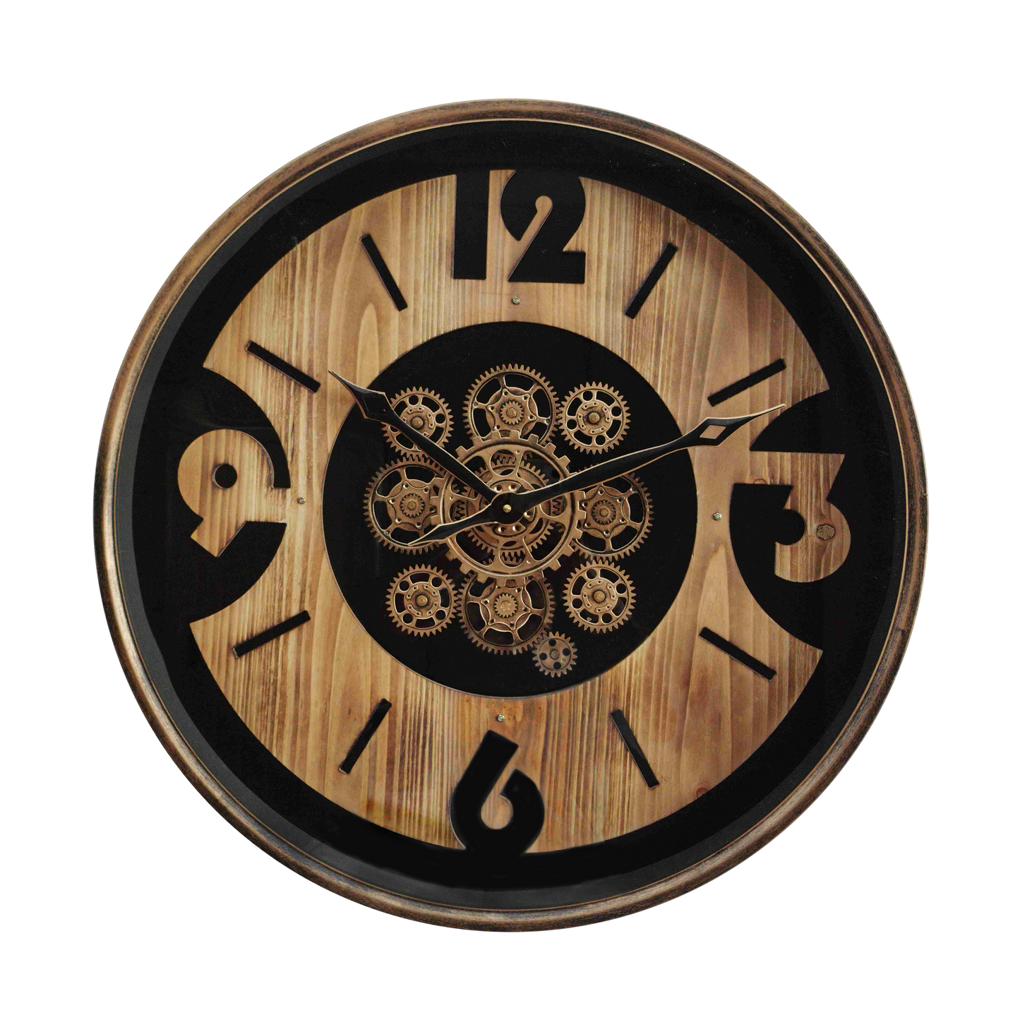 Reloj de pared Almanzora Negro/Haya/Oro de 60cm con engranajes visibles, Fabrilamp.
