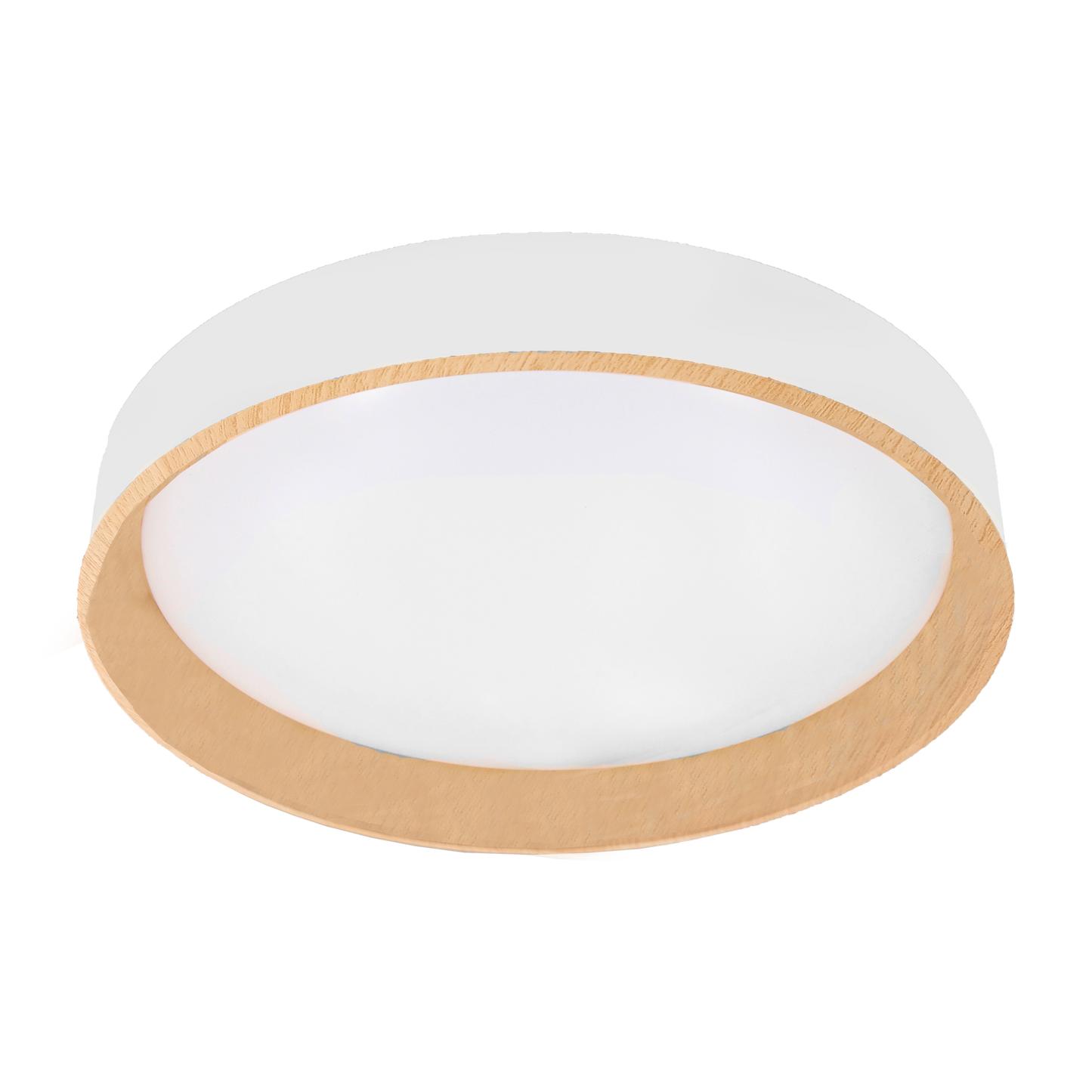 Plafón Morgan fabricado en metal color blanco y haya, ideal para interiores modernos
