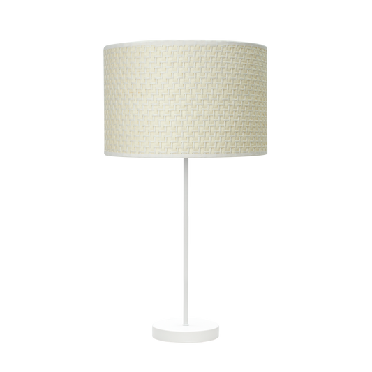 Lámpara hecha en metal color blanco con pantalla textil color cañizo blanco