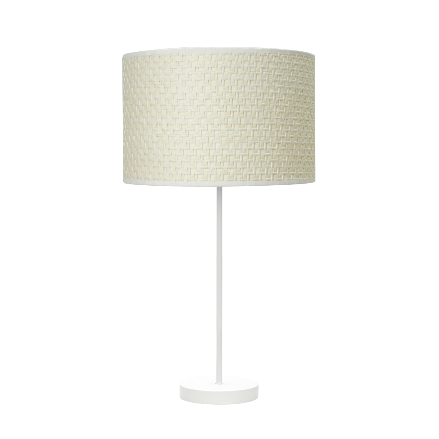 Lámpara hecha en metal color blanco con pantalla textil color cañizo blanco