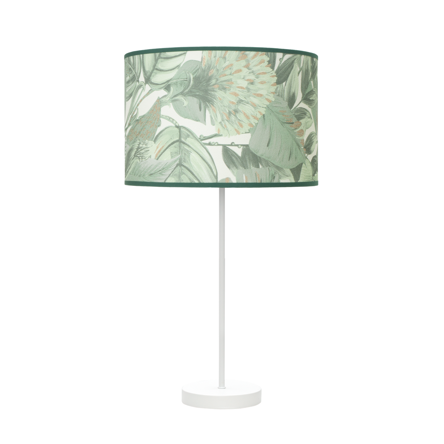 Lámpara MODA fabricada en metal color blanco y pantalla textil verde