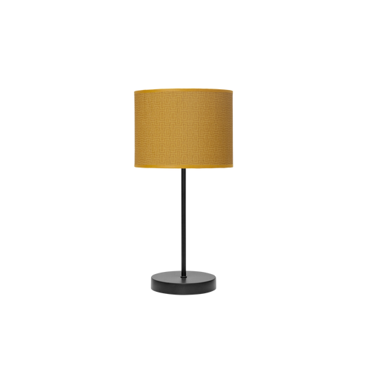 Lámpara de sobremesa fabricada en metal color negro con pantalla textil amarilla
