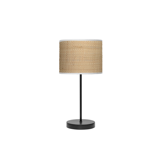 Lámpara de mesa fabricada en metal color negro y pantalla textil cañizo claro