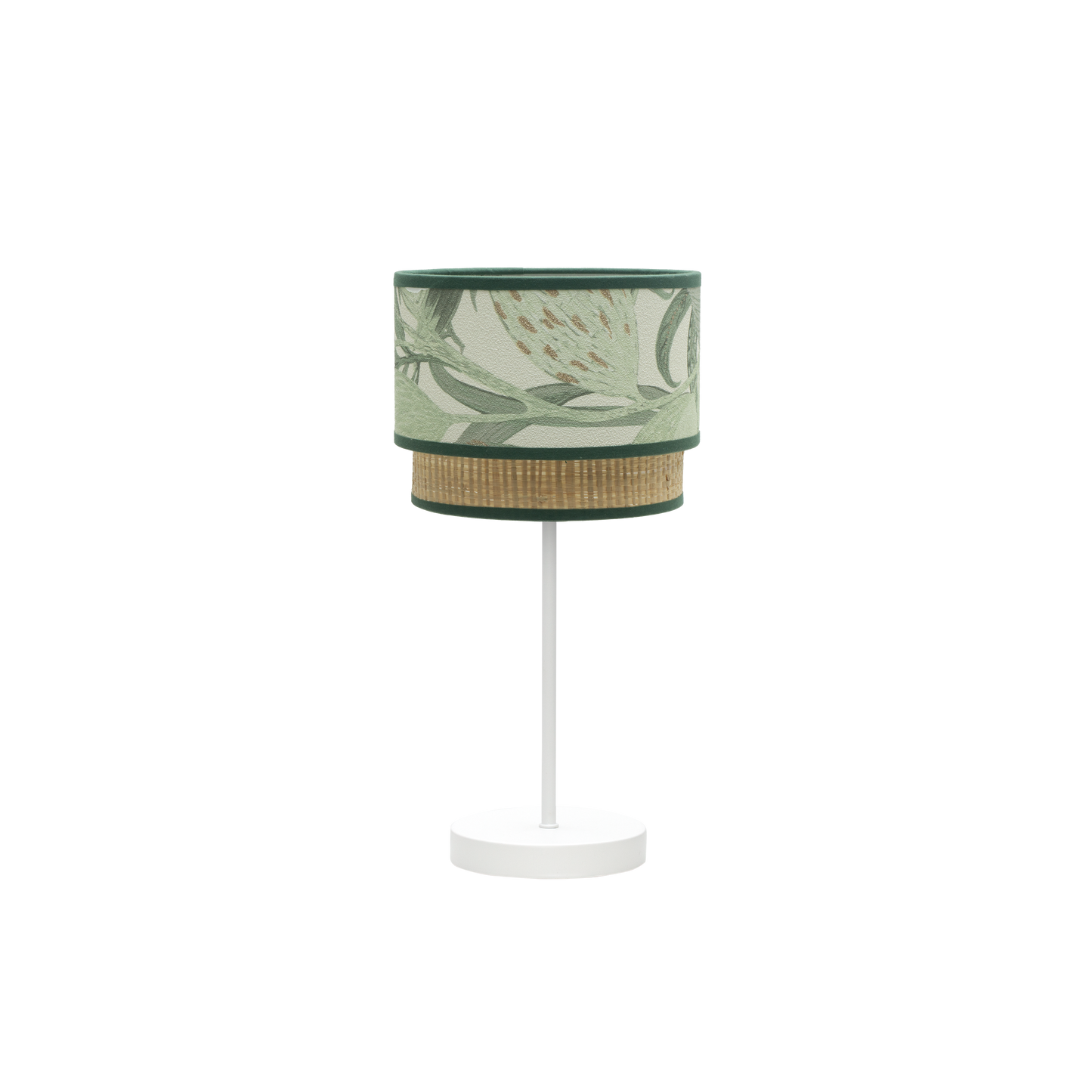 Lámpara de noche CONGO fabricada en metal color blanco y textil verde natural